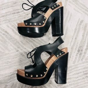 Balenciaga Black Leather Platform Wooden Studded Sandals 39